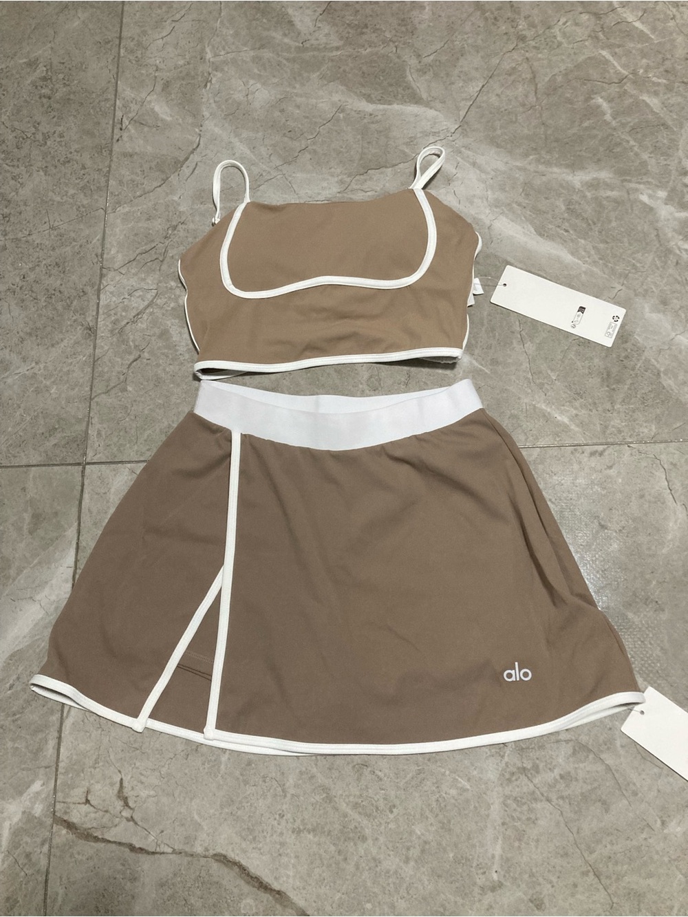 ALO Yoga Taupe Bandeau Crop Top and Skirt Set with White Trim